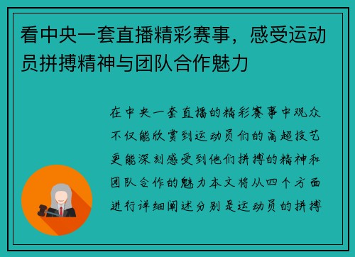 看中央一套直播精彩赛事，感受运动员拼搏精神与团队合作魅力
